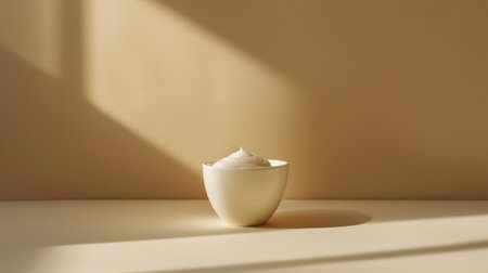 Minimalist composition featuring a single serving of creamy yogurt against a neutral backdrop.の素材