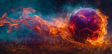 the soccer ball is burning in a red flame.の素材