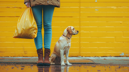 Minimalist scene showing a girl holding a bag, ready to clean up after her dog.の素材