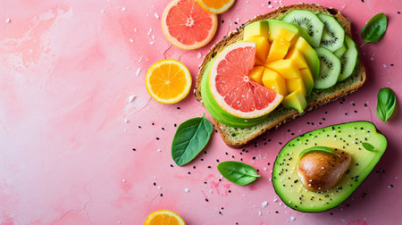 Simple yet enticing image featuring avocado toast garnished with tropical fruits.の素材