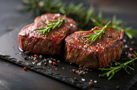 two beef steaks with hearts on black board background.の素材