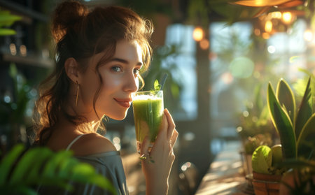 a woman is enjoying a glass of green smoothie in a healthy place.の素材