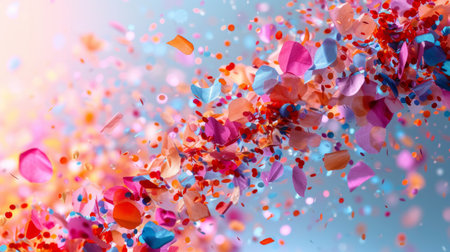 Minimalist backdrop enhanced by a cascade of vibrant confetti, adding energy and movement to the composition.の素材