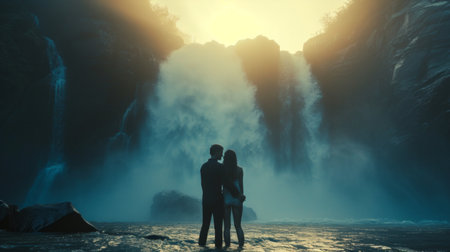 Clean and minimalist image portraying the bond between lovers amidst the natural splendor of a waterfall.の素材