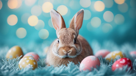 Clean and understated image of a bunny surrounded by Easter eggs for charming greeting cards.の素材
