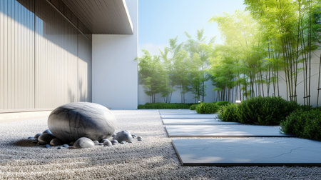 Clean and understated photo depicting a minimalist garden designed for reflection and tranquility.の素材
