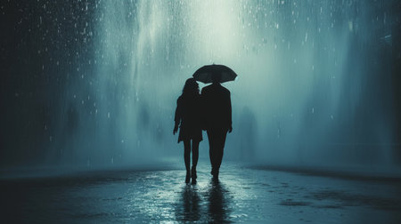 Minimalist capture portraying the deep connection between two lovers amidst a gentle shower.の素材