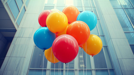 Engaging photograph showing an elegant display of colorful balloons against a minimalist backdrop.の素材