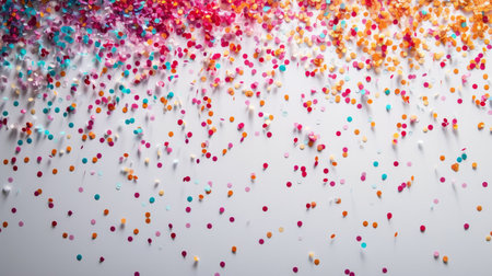 Minimalist backdrop enhanced by a cascade of vibrant confetti, adding energy and movement to the composition.の素材