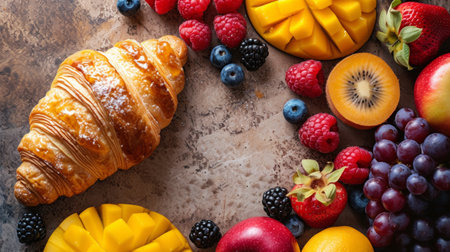 Simple yet captivating photo featuring a pastry complemented by an array of fresh fruits.の素材
