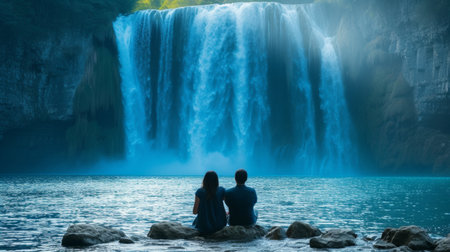 Minimalist depicting shoting a romantic rendezvous with a stunning waterfall as the backdrop.の素材