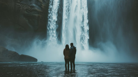 Simple yet captivating photo of a couple immersed in love against a cascading waterfall.の素材