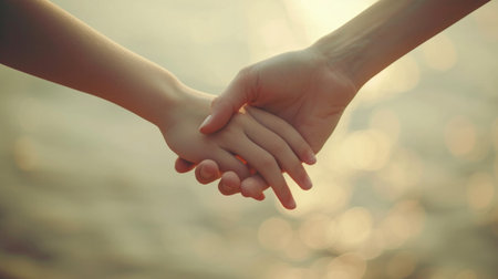 Minimalist photo showing a mother's bond with her child, symbolized by intertwined hands.の素材