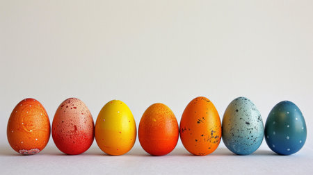 Minimalist photo highlighting colorful Easter eggs arranged gracefully on a white backdrop.の素材