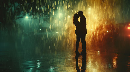 Artistic depiction of romance as a couple shares a romantic moment in the midst of rainfall.の素材