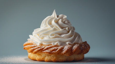Minimalist shot highlighting the allure of a pastry topped with velvety whipped cream.の素材