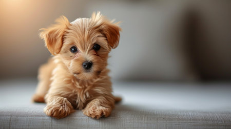 Delightful image of a tiny fluffy dog, exuding charm and irresistible appeal. large copyspace area.の素材