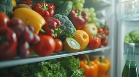 Clean and crisp photo highlighting the healthy array of fruits and vegetables in the refrigerator.の素材