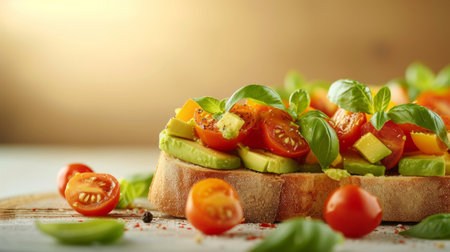 Subtle depiction of avocado bruschetta adorned with cherry tomatoes and basil leaves.の素材