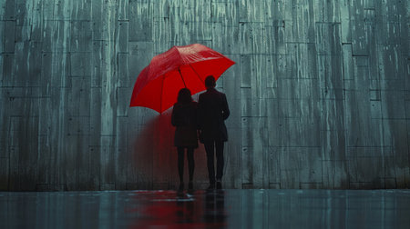 Minimalist portrayal of love and happiness as a couple enjoys the tranquility of the rain together.の素材