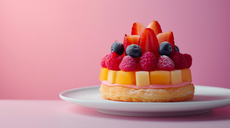 Elegant composition featuring a pastry topped with exotic fruits against a minimalist backdrop.の素材