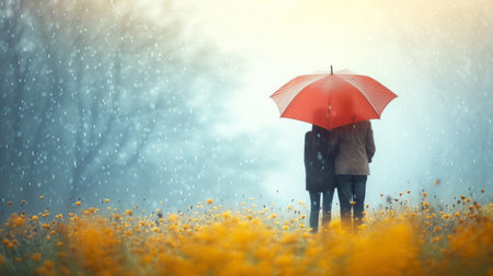 Minimalist portrayal of love and happiness as a couple enjoys the tranquility of the rain together.の素材