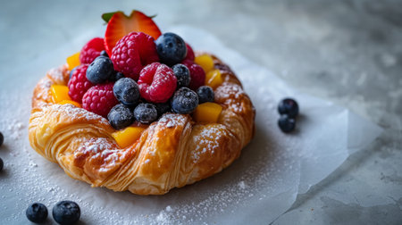 Minimalist photo evoking a sense of harmony through the combination of pastry and fruit.の素材