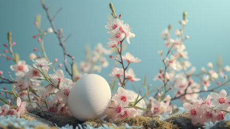 Minimalistic composition showing blooming flowers and Easter eggs in a tranquil setting.の素材