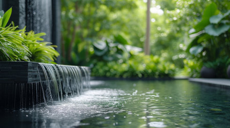 Minimalist photo showcasing a designer garden with carefully arranged foliage and serene water features.の素材