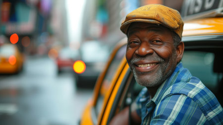 Clean composition with a beaming taxi driver, serving as a reliable and welcoming presence in the cityscape.の素材