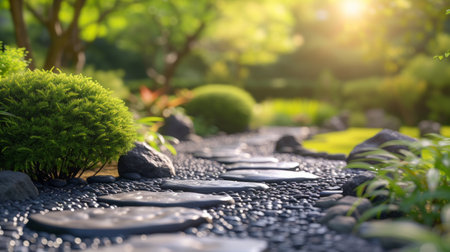 Clean composition capturing the tranquil beauty of a minimalist garden design with stone pathways.の素材