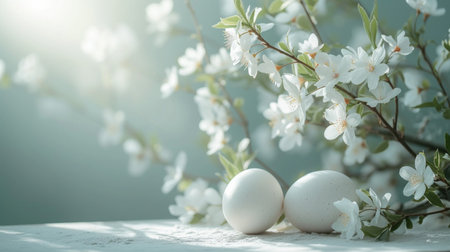 Minimalistic composition showing blooming flowers and Easter eggs in a tranquil setting.の素材
