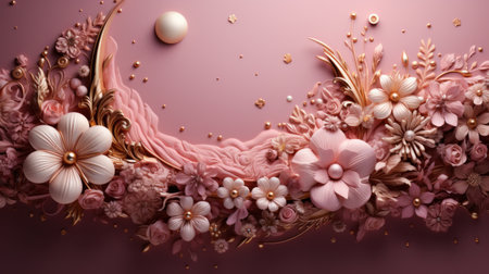 A sumptuous pink and gold background with delicate floral patterns andの素材