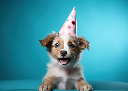 an adorable puppy in a party hat,の素材