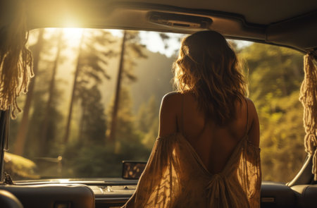 a woman opening the trunk of a car while travelingの素材