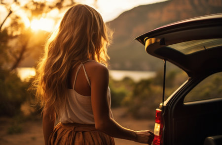a woman opening the trunk of a car while travelingの素材