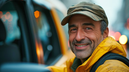 Engaging background with a friendly taxi driver, drawing viewers into the scene.の素材