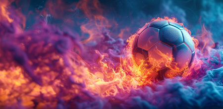 the soccer ball is burning in a red flame.の素材
