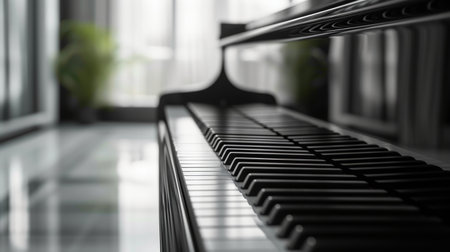 Elegant portrayal of a sleek piano, capturing its understated beauty and melodic potential.の素材