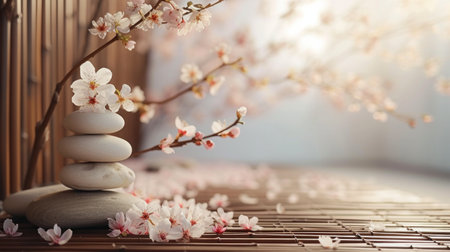 Zen-like atmosphere created by minimalist floral elements, promoting relaxation and inner harmony.の素材