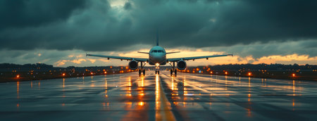 the image of one jet landing on an airport runway in the evening.の素材
