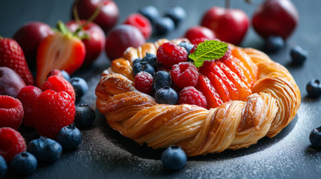 Simple yet captivating photo featuring a pastry complemented by an array of fresh fruits.の素材