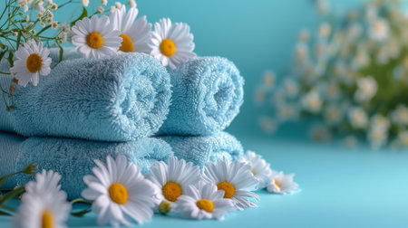 Arrangement of bath towels and lovely flowers.の素材