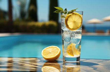 an icy lemon drink with ice on a ledge near a swimming pool, iの素材