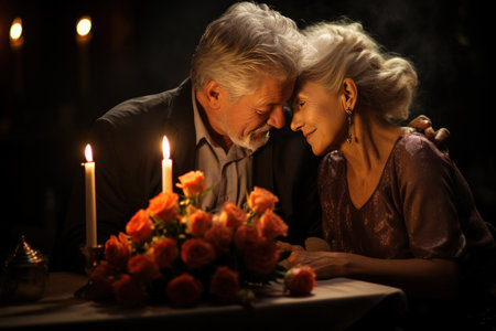 an old couple kissing at dinner with roses and candles,の素材