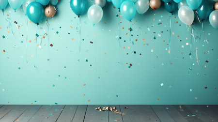 background birthday border with balloons and party hats, light tealの素材