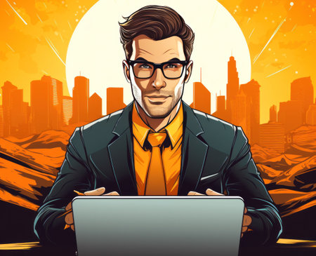 an elegant businessman wearing glasses and a tie is holding a laptop,の素材