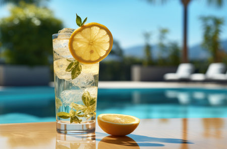 an icy lemon drink with ice on a ledge near a swimming pool, iの素材