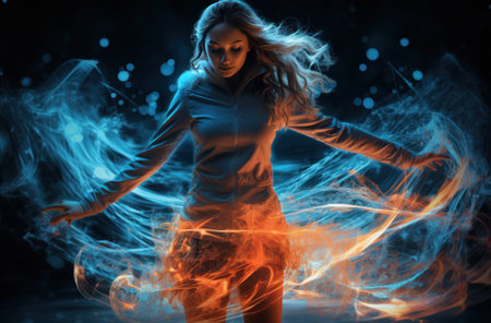 an ice skater in blue skating in a light setting,の素材