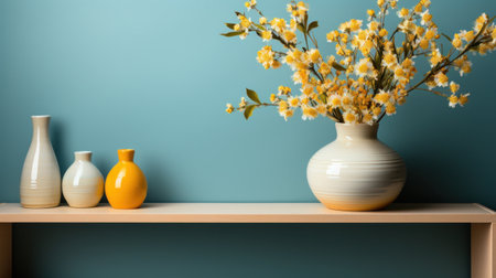 Bright yellow flowers in a vase on a white shelfの素材